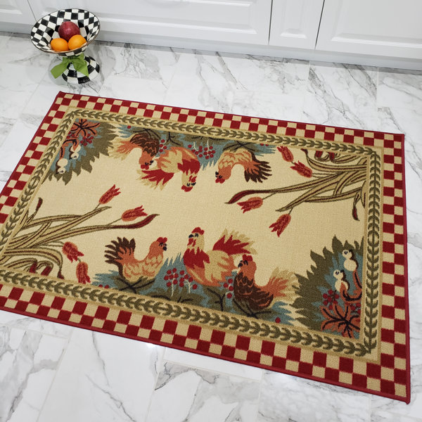Three Posts Harmon Rooster Checkered Cream/Red Kitchen Area Rug